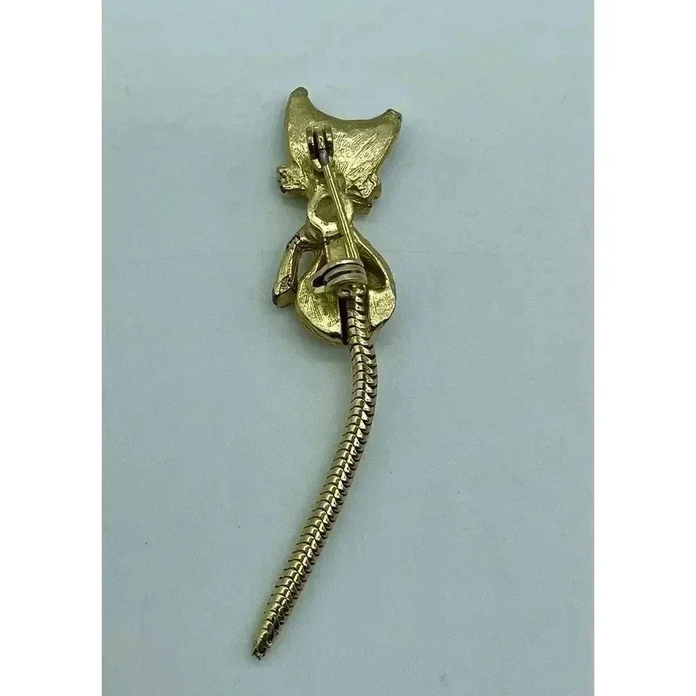 Vintage Green Rhinestone Gold Tone Kitty Cat Pin Brooch 2.25 Inch‎